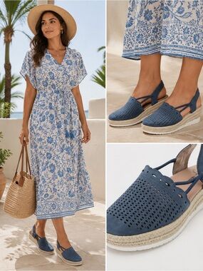 Earth Buran Azalea Blue Suede Leather Espadrille Wedge Sandals Women’s Size 9.5